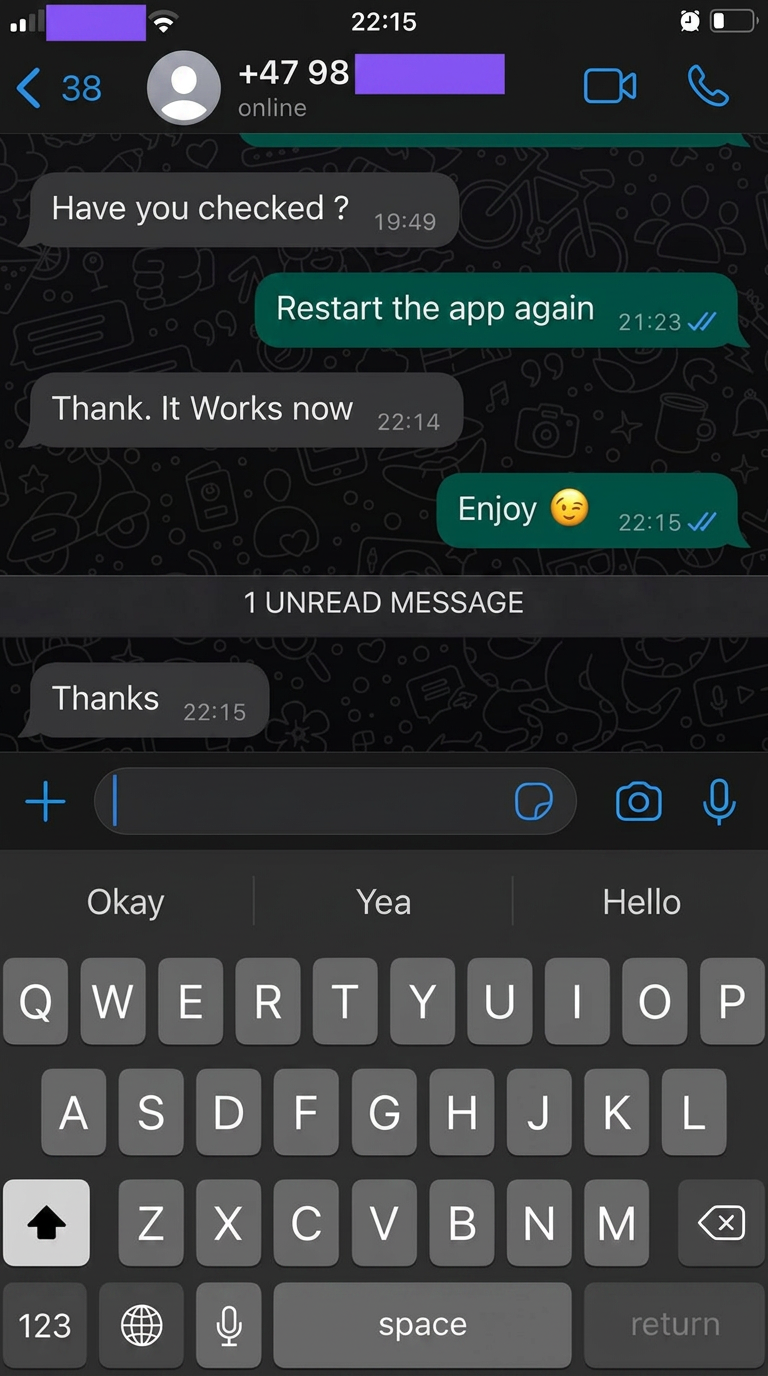 WhatsApp chat: IPTV app restart fixed the issue, subscriber thanks support