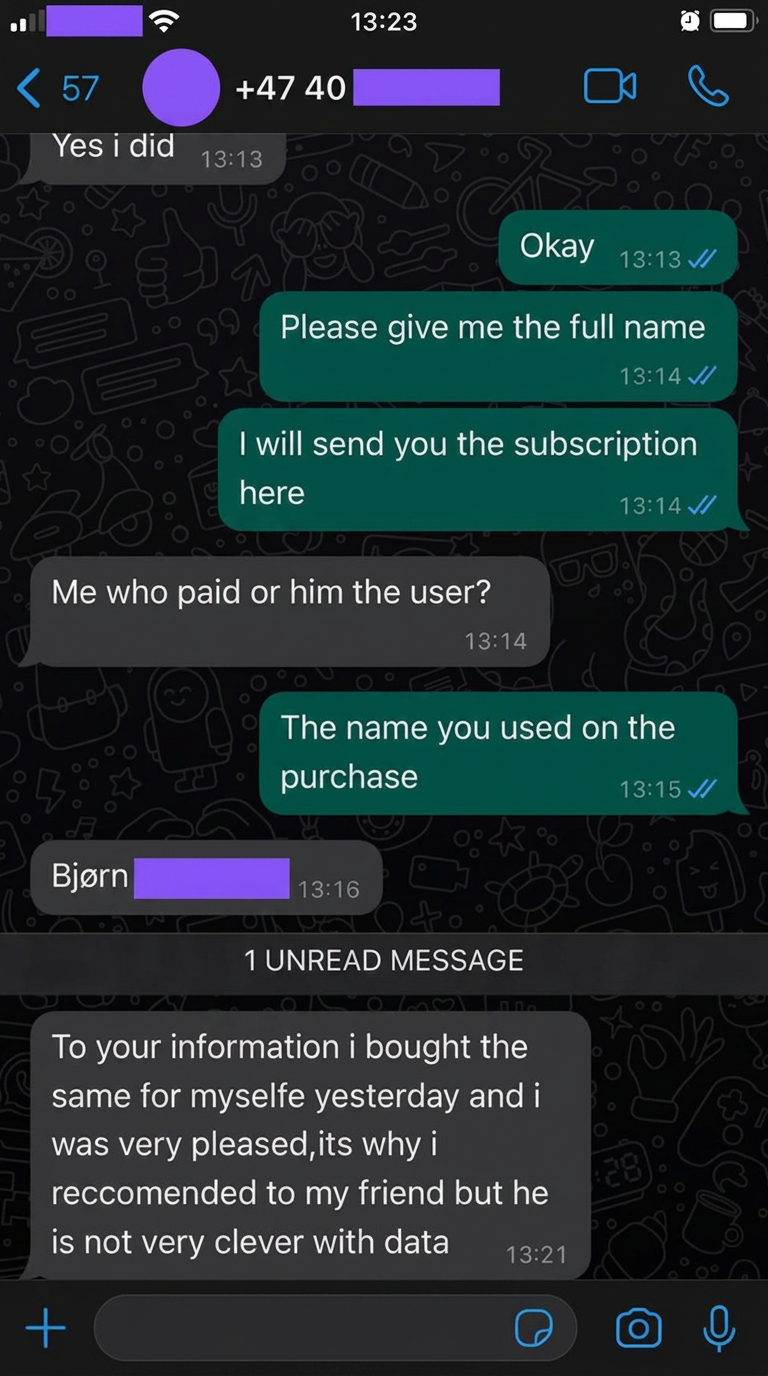 WhatsApp chat: happy subscriber recommending IPTV to a friend