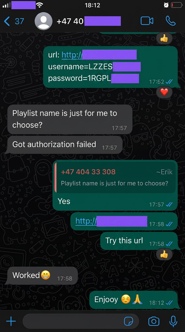 WhatsApp chat: IPTV playlist credentials working after support help