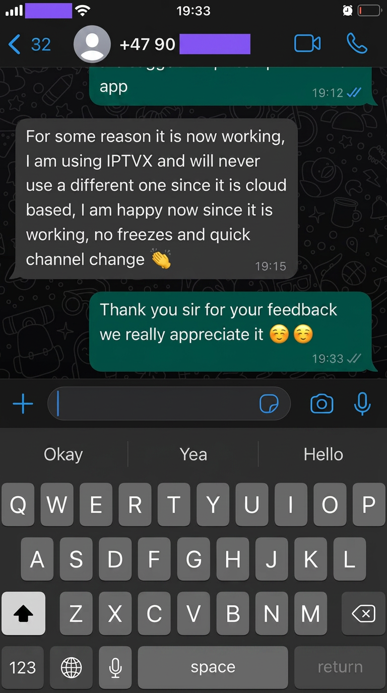 WhatsApp chat: happy IPTV subscriber, no freezes, quick channel change