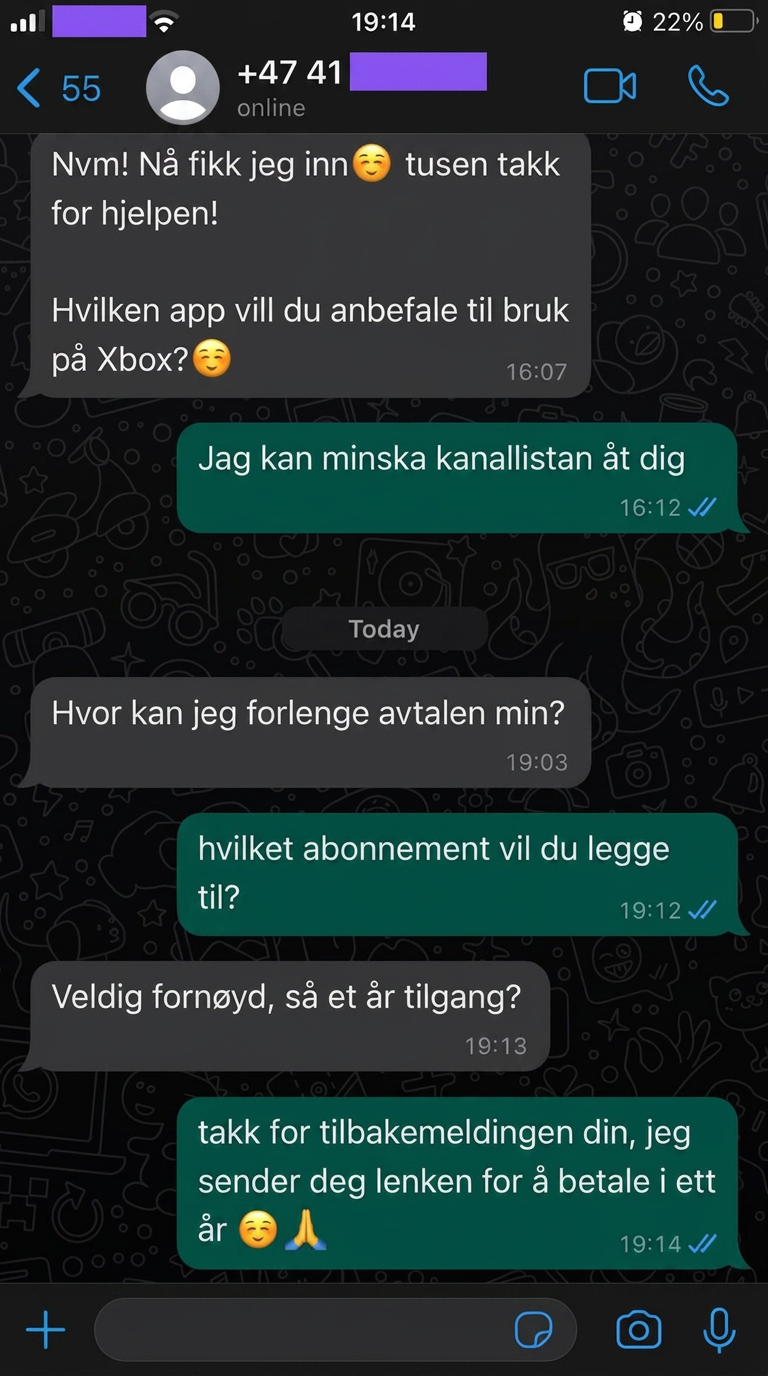 WhatsApp chat: satisfied subscriber renewing IPTV plan for a full year